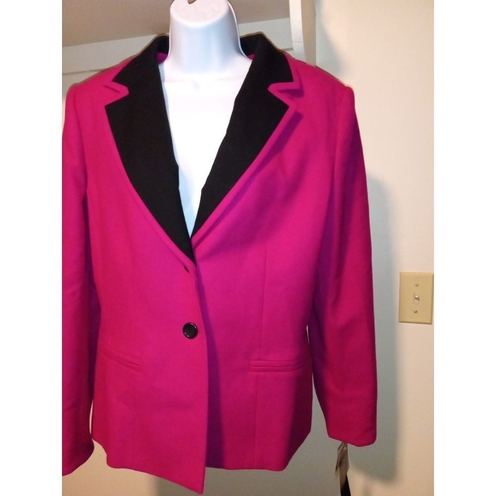 NWT Kasper Pink Wool Blazer Electric‎ Retail $299 Black Trim Long Sleeve